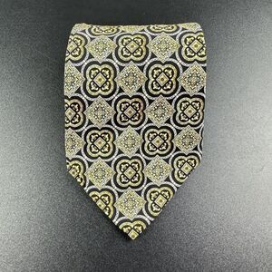 Christian Dior Silk Neck Tie Men Geometric Medallion Black Yellow Made in Canada